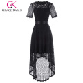 Grace Karin de manga corta de cuello redondo Alto-Bajo vestido de noche de encaje negro 8 Tamaño GK001071-1